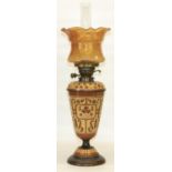 Aesthetic Movement Torquay Terracotta Co. pottery and brass oil lamp, the body and lift off