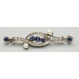 Yellow and white metal bar brooch set with five round cut sapphires, diamonds and pearls, engraved