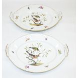 Pair of Berlin porcelain oval dishes, decorated to centre with exotic birds, floral sprig insect