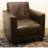 Art Deco style dark brown leather club type arm chair, with angular back and arms, W81cm D80cm H84cm