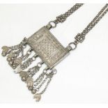 Omani white metal hirtz Koran box necklace, geometric decoration, with moon and bead ornaments on
