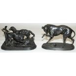 After P J Mene: a spelter model of two gun dogs and a similar model of a greyhound, both on oval