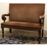 Late Victorian games room type bench seat, upholstered back and seat with scrolled arms on turned