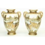 Pair of Meiji Japanese Satsuma pottery two handled vases, hexagonal tapering bodies decorated with