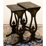 Graduated pair of green lacquer occasional tables, rectangular tops decorated with exotic birds