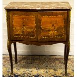 C19th Italian marquetry decorated rosewood serpentine front side cabinet, rouge marble top above a
