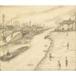 After Laurence Stephen Lowry (British 1887-1976); Canal Scene with narrowboat, bridge and cottage