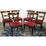 Set of six French Empire style dining chairs curved top rails with lobed carved cross splat, stuffed
