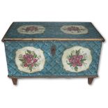 C19th Scandinavian pine rectangular blanket box, painted with floral cartouche on blue scale ground,