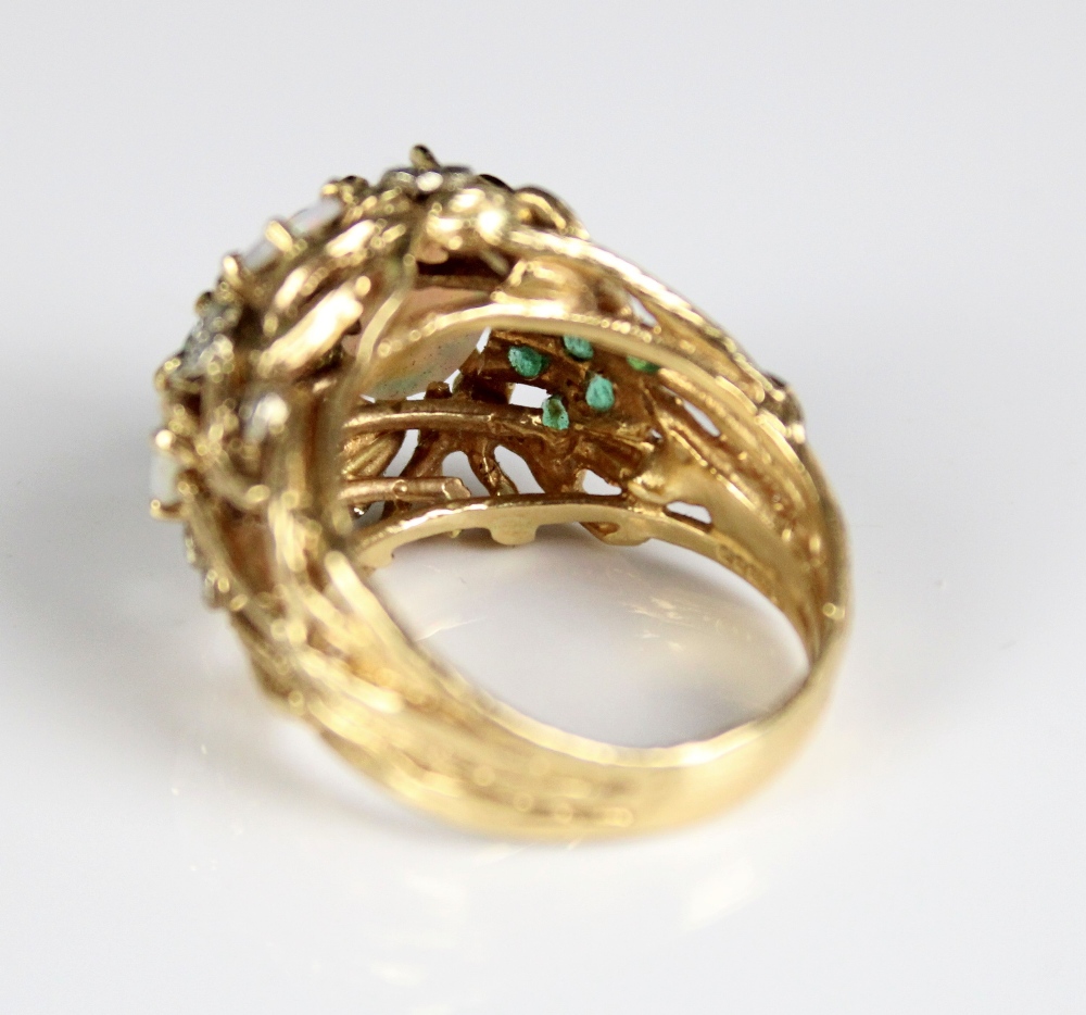 18ct yellow gold cocktail ring set with cabochon opals and brilliant cut emeralds and diamonds, - Image 5 of 5