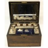 Victorian rosewood dressing case, fitted interior with mirror, lift out tray, seven EPNS topped