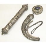 Omani talahiq white metal gunpowder flask/powder horn, curved design with hammered and wirework