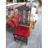 C17th style oak dining chair, with scroll carved and bergere panel back and seat on barley twist and