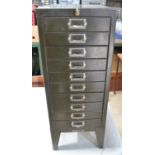 Metal floor standing 10 drawer chest by Owen And Randle, with key. H72 D42 W28cm