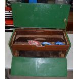 Wheeled wooden tool chest with pull-out tray, with 2 ratchet straps. W75.5 D35 H34cm