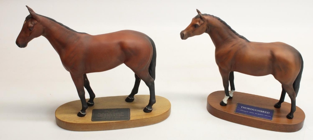 Beswick Connoisseur models on wooden plinths: Thoroughbred, H22cm, and racehorse Mill Reef, H24.