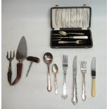 Cased ER.II silver Christening set, Birmingham 1959, silver pickle fork with mother of pearl