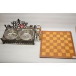 Hardwood chess board 45cm, Victorian style cast iron dog bowl with two aluminium lift out bowls