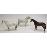 Beswick horses: dappled grey shire mare, model #818, two stallions in bay and dappled grey, H20cm (