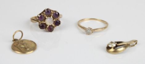 9ct yellow gold amethyst and white stone cluster ring, stamped 9ct, size H1/2, a 9ct yellow gold