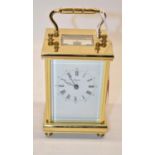 Angelus C20th brass carriage timepiece, signed white Roman dial, signed 11 jewel movement, no