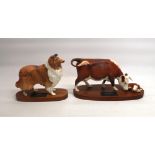 Beswick Connoisseur Hereford cow and calf, mounted on plinth H19cm, Beswick Connoisseur Collie (