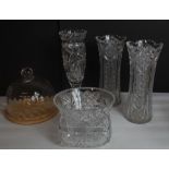 Boxed Dartington Ripple cheese bell with hardwood base, pair of cut lead crystal trumpet vases