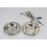 Pair of Geo. V hallmarked silver ashtrays by Walker and Hall, Sheffield 1918, 7.1 ozt and six