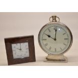 Late C20th quartz silver plated mantel time piece in the form of an oversized pocket watch, H23cm,