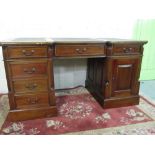 Geo.III style mahogany inverted breakfront twin pedestal desk, W150cm D75cm H77cm