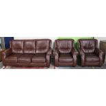 Contemporary brown leather upholstered 3pc suite, three seat sofa, W190cm D80cm H100cm and two