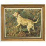 English school (C20th); Study of a Golden Labrador in a wooded landscape, oil on canvas,