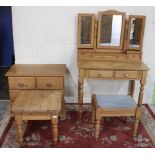 Modern pine dressing table with triple mirror on turned supports, W90cm D50cm H135cm, a similar
