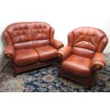 Bardi brown leather two seat sofa and chair with buttoned wing back and burr wood frame W140cm D83