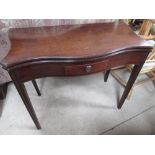 Geo.III style mahogany serpentine folding tea table, with frieze drawer, W91cm D90cm H73cm max