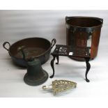 C20th copper and brass coal bucket with reeded swing handle, early C20th twin handled copper and