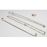 Three 9ct yellow gold chain necklaces of various styles and lengths, and a 9ct yellow gold signet