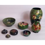 Moorcroft ceramics, including Hibiscus lidded trinket pot, D12cm, Leaves and Berries bowl