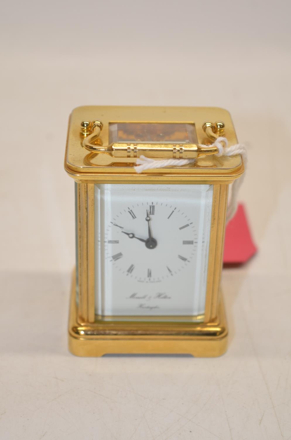 Morrell & Hilton Huntingdon late C20th miniature brass carriage timepiece, signed white enamel dial,