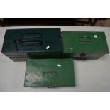 Two vintage top opening metal tool chests containing a quantity of painting and decorating tools,