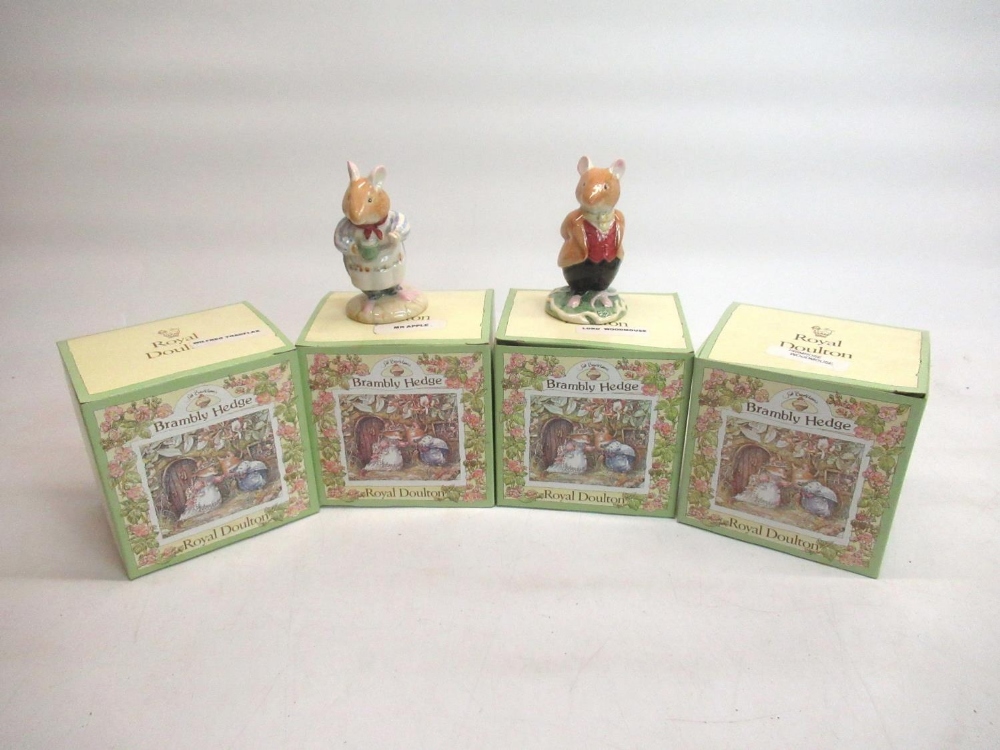 Four Royal Doulton Brambly Hedge figures, Lord Woodmouse, DBH4, Primrose Woodmouse DBH8, Wilfred