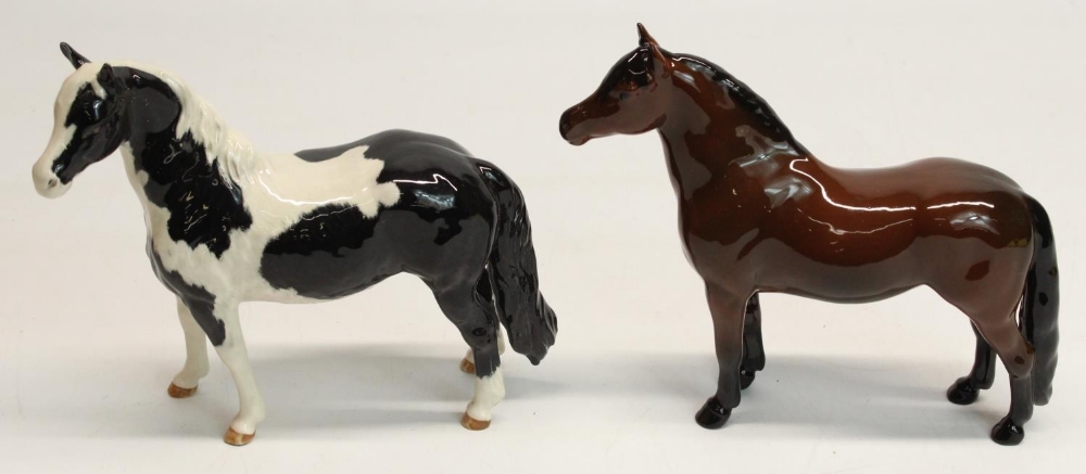 Beswick Dartmoor pony, Warlord, and a Beswick piebald pinto pony, model #1373 (2)