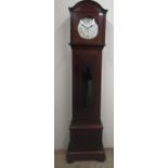 C20th inlaid mahogany long case clock, arched top with silvered Arabic dial above oval glazed