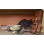 Four painted leather covered model giraffes, max. H103cm, African carved wood items, etc.