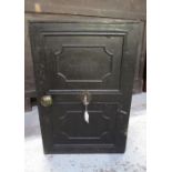 Vintage black painted cast metal safe, W36cm D34cm H54cm (1 key)