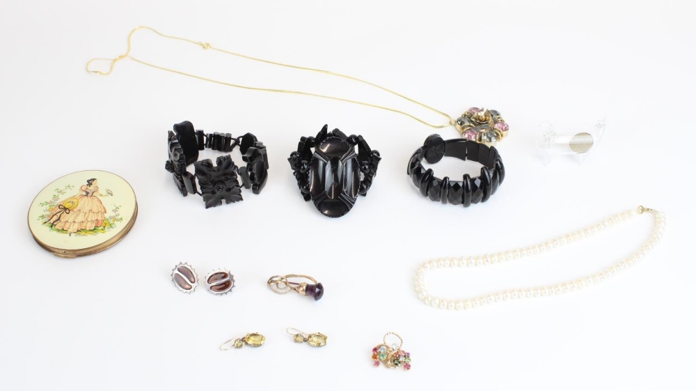 Selection of jewellery incl. three Victorian style jet bangles, a Charles Horner base metal