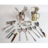 Early C20th set of 11 EPNS fish knives and forks, 2 EPNS tankards, EPNS presentation ash tray, other