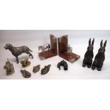 Pair of EPNS and mahogany equestrian book ends, EPNS Labrador, two cast hares, other dogs and