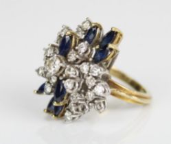 18ct yellow gold diamond and sapphire cluster ring set with brilliant cut diamonds and marquise