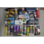 Collection of automotive spray paints, cleaning and finishing products, car covers, double sided